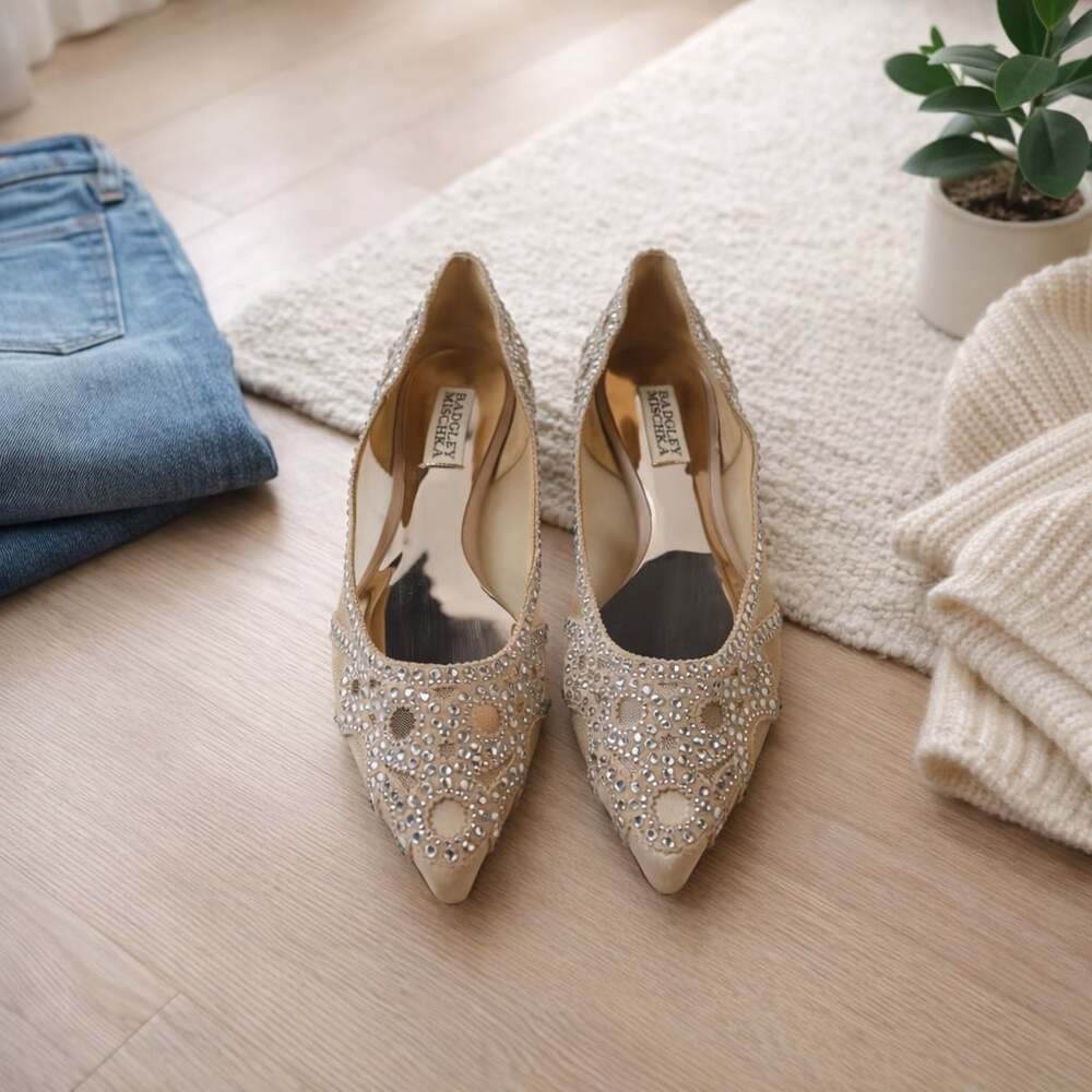Badgley Mischka Embellished Champagne Pointed Toe Flats